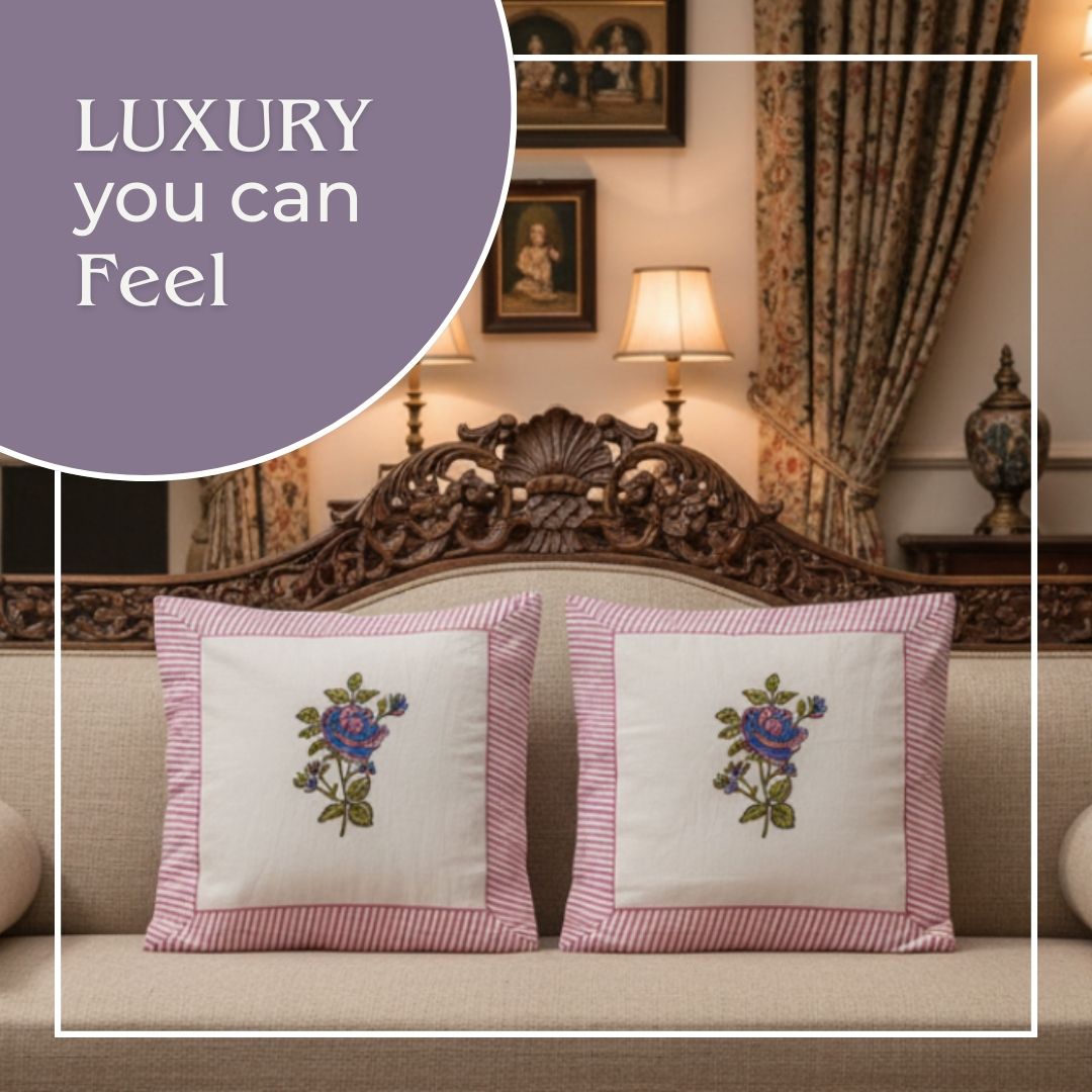 South Cotton Block Printed Cushion Covers with Central Floral Motif (Set of 2)