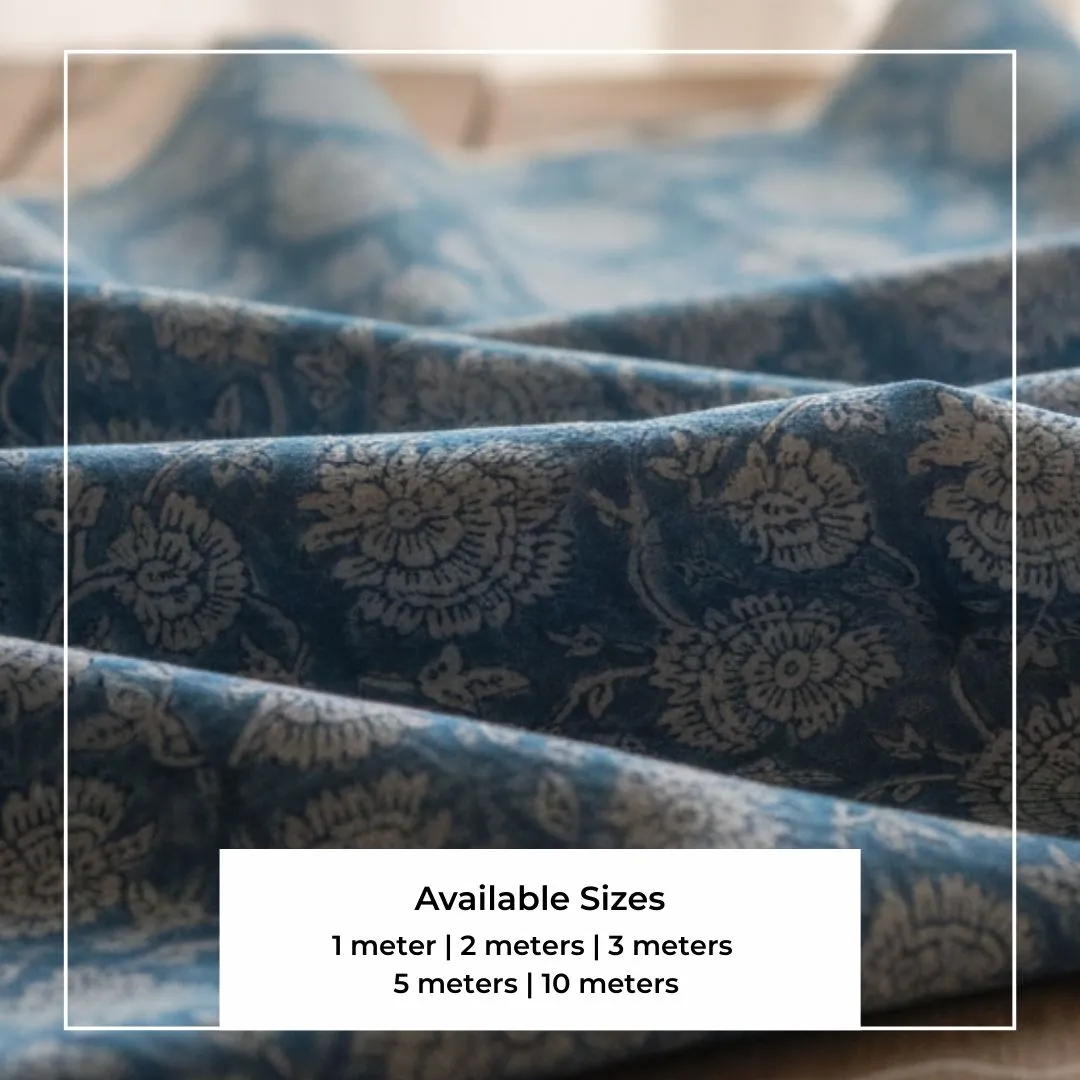 Single-Sided Hand Block Printed Mal Cotton Fabric – Blue Floral Motif | Sold Per Meter
