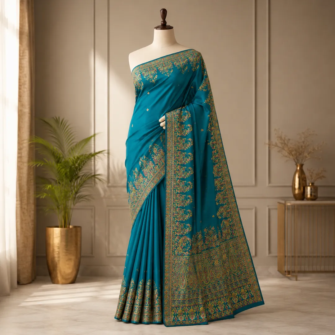 Festive Kashmiri Handwoven Peacock Blue Pashmina Silk Saree with Blouse Piece