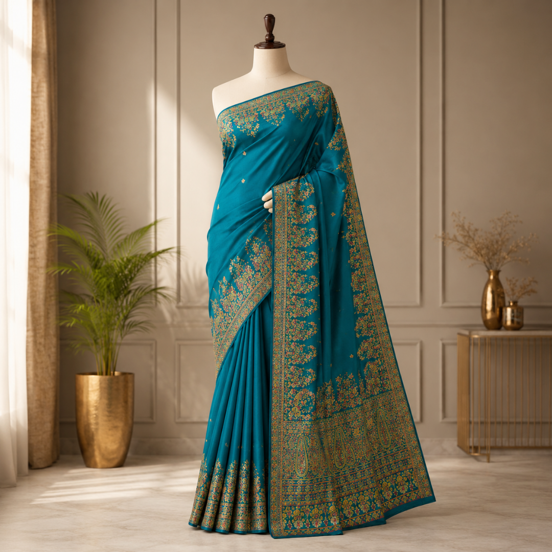Festive Kashmiri Handwoven Peacock Blue Pashmina Silk Saree with Blouse Piece