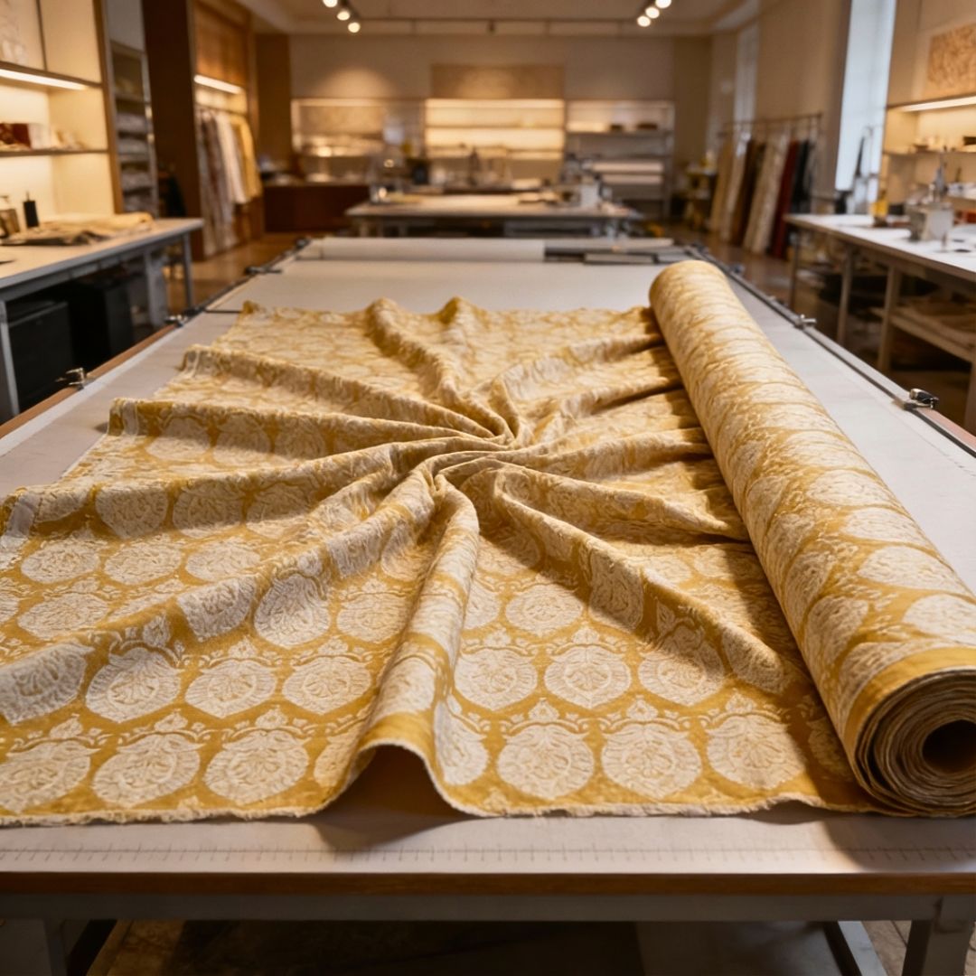 Single-Sided Block Printed Mal Cotton Fabric in Yellow Floral Pattern