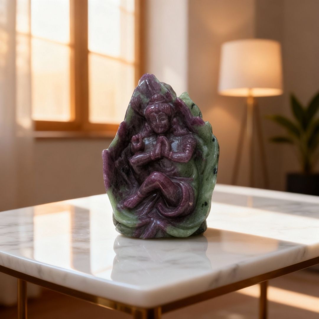 Ruby Zoisite Hand Carved Krishna Idol for Spiritual Décor