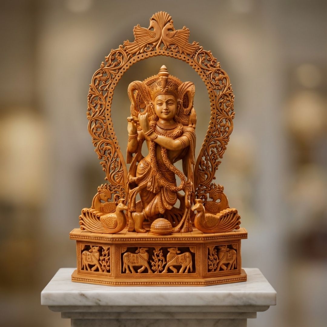 Handcrafted Lord Krishna Sculpture with Flute and Ornate Arch Featuring Peacocks