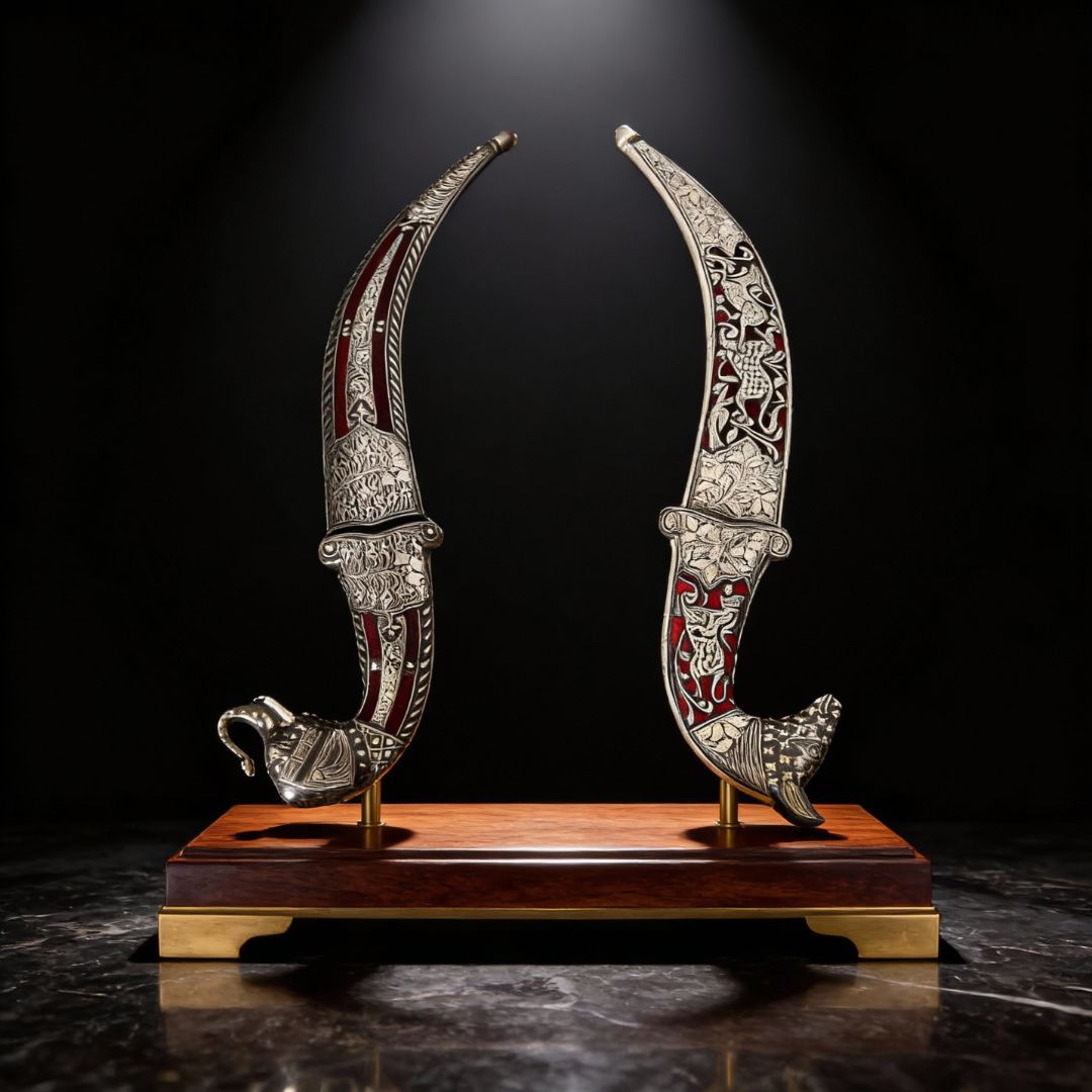 Handcrafted Calligraphy Koftgari Dagger Pair Decorative Art