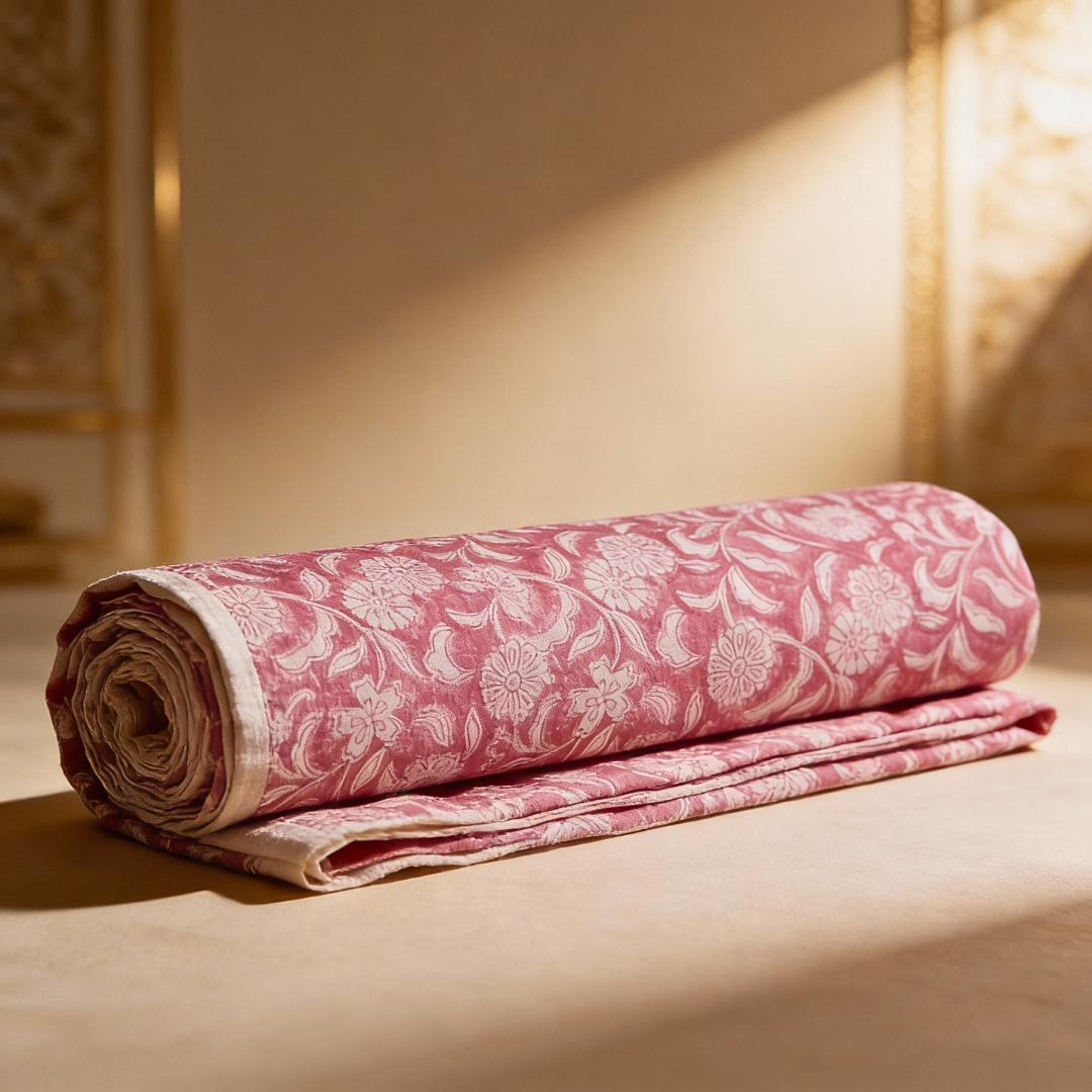 Single-Sided Block Printed Mal Cotton Fabric in Pink Floral Pattern