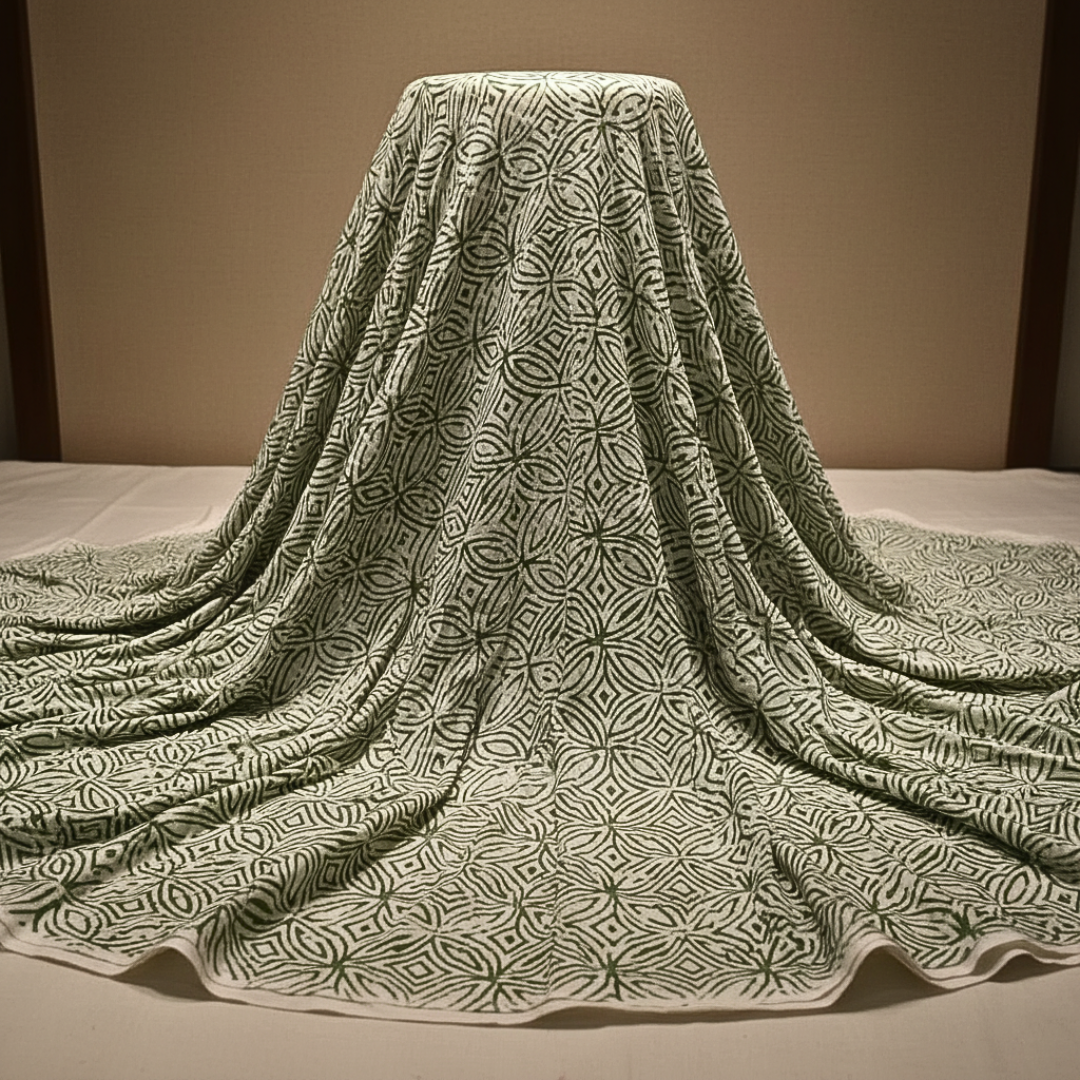 Single-Sided Block Printed Mal Cotton Fabric in Soft Grey Floral Pattern