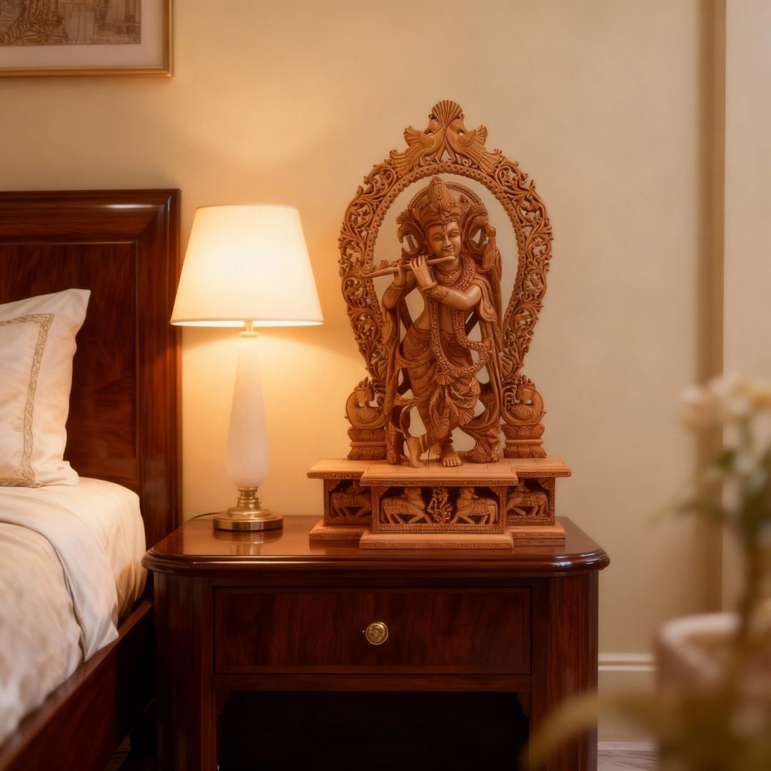 Lord Krishna Standing with Flute on Lotus Base and Peacock Arch Sculpture