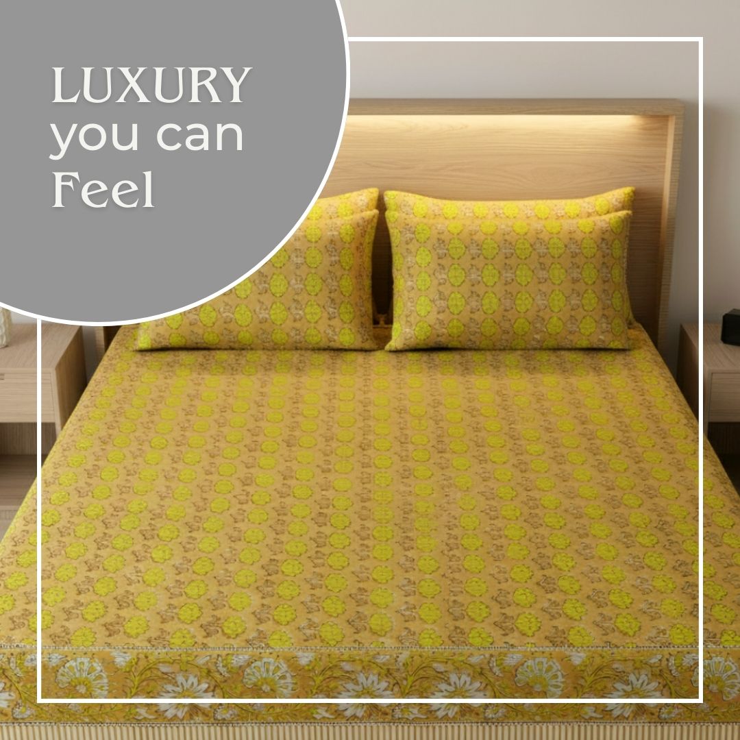Single-Sided Block Printed Double Bedsheet in Yellow Floral Pattern
