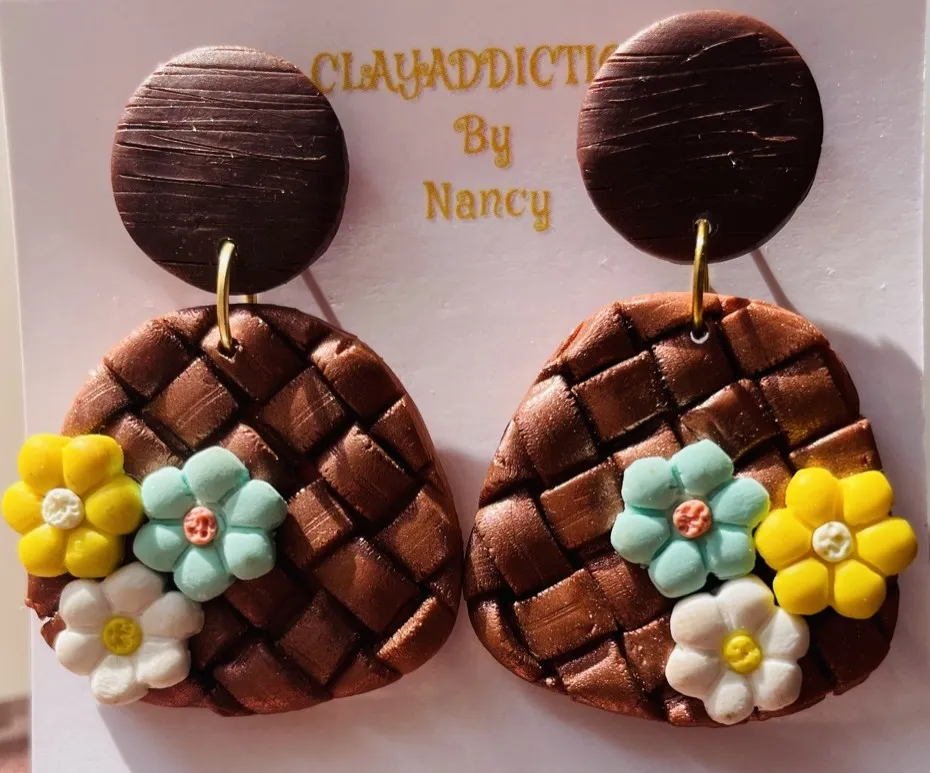 Hand-Textured Chocolate Basket & Blossom Clay Earrings