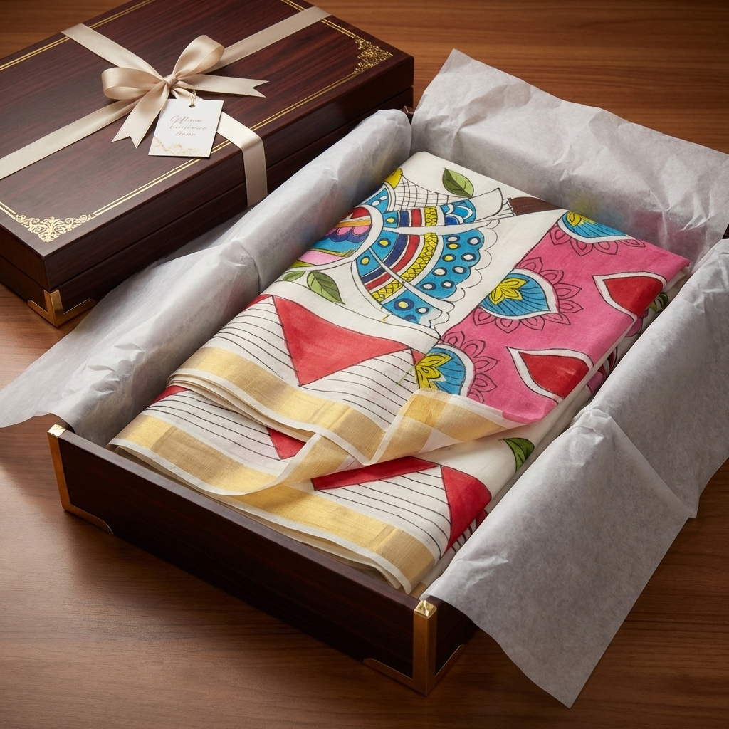 Kerala Cotton Hand-Painted White Saree with Multicolor Motifs & Golden Border | Includes Blouse Piece