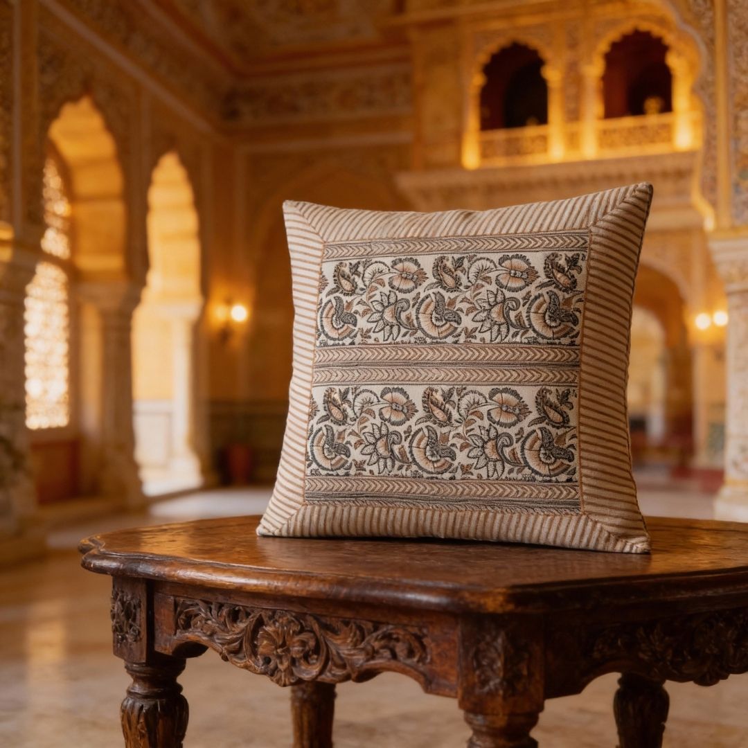 Block Printed South Cotton Cushion Cover with Intricate Border Design