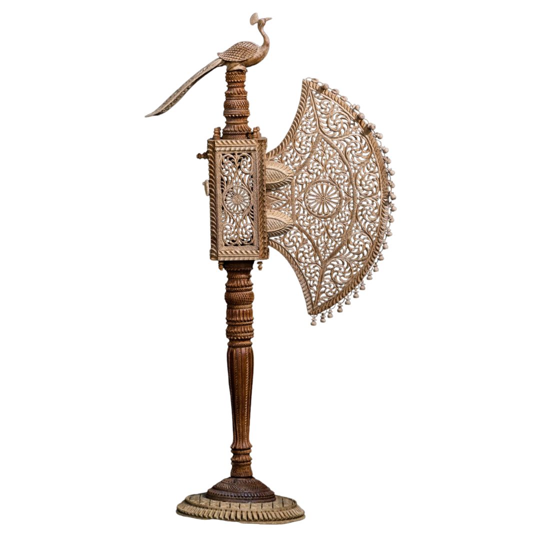 Pure Sandalwood Lace-Carved Heritage Pankha with Peacock Handle 
