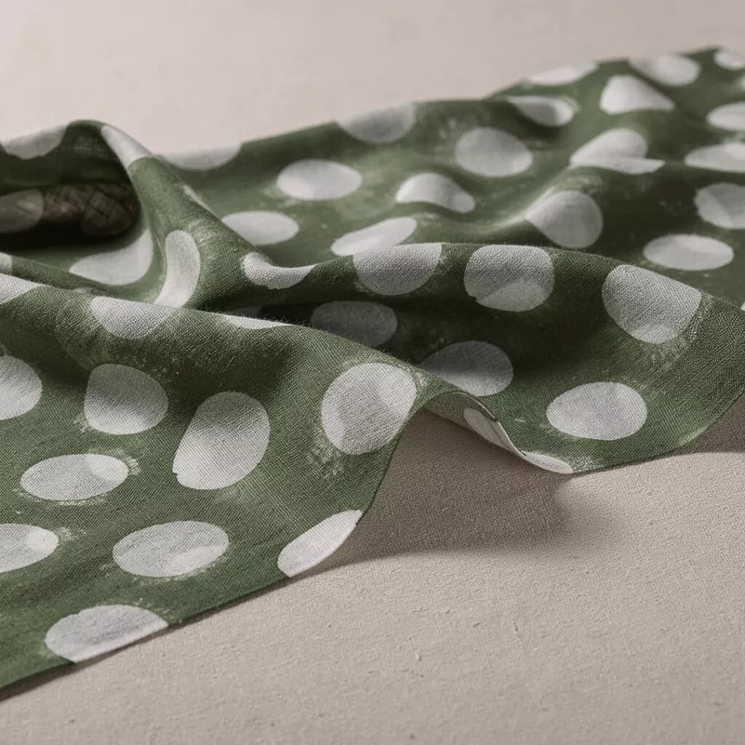 Single-Sided Block Printed Mal Cotton Fabric in Green Geometric Pattern