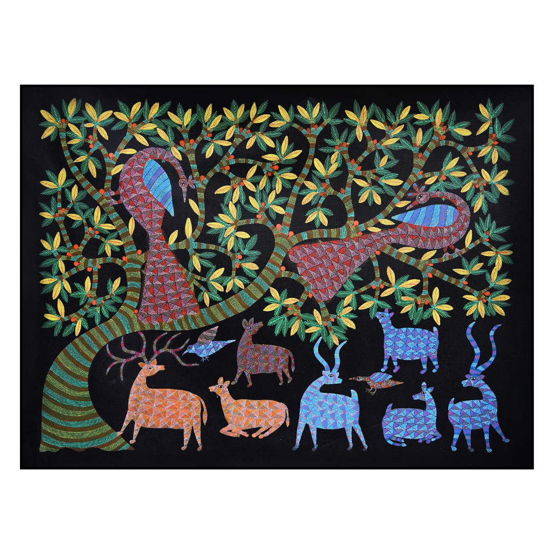Peacocks and Deer Under the Night Sky 