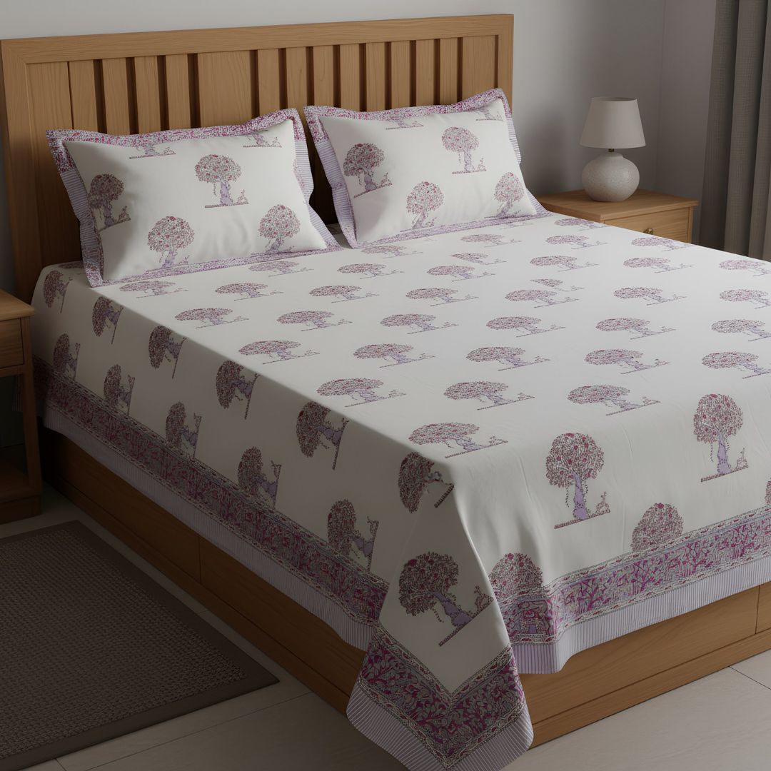 Single-Sided Block Printed Double Bedsheet in Soft Pink Floral Motif