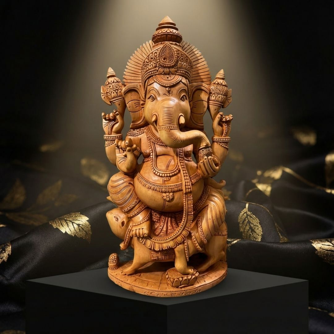 Handcrafted Sandalwood Ganesha Idol in Blessing Pose with Modak and Kalash