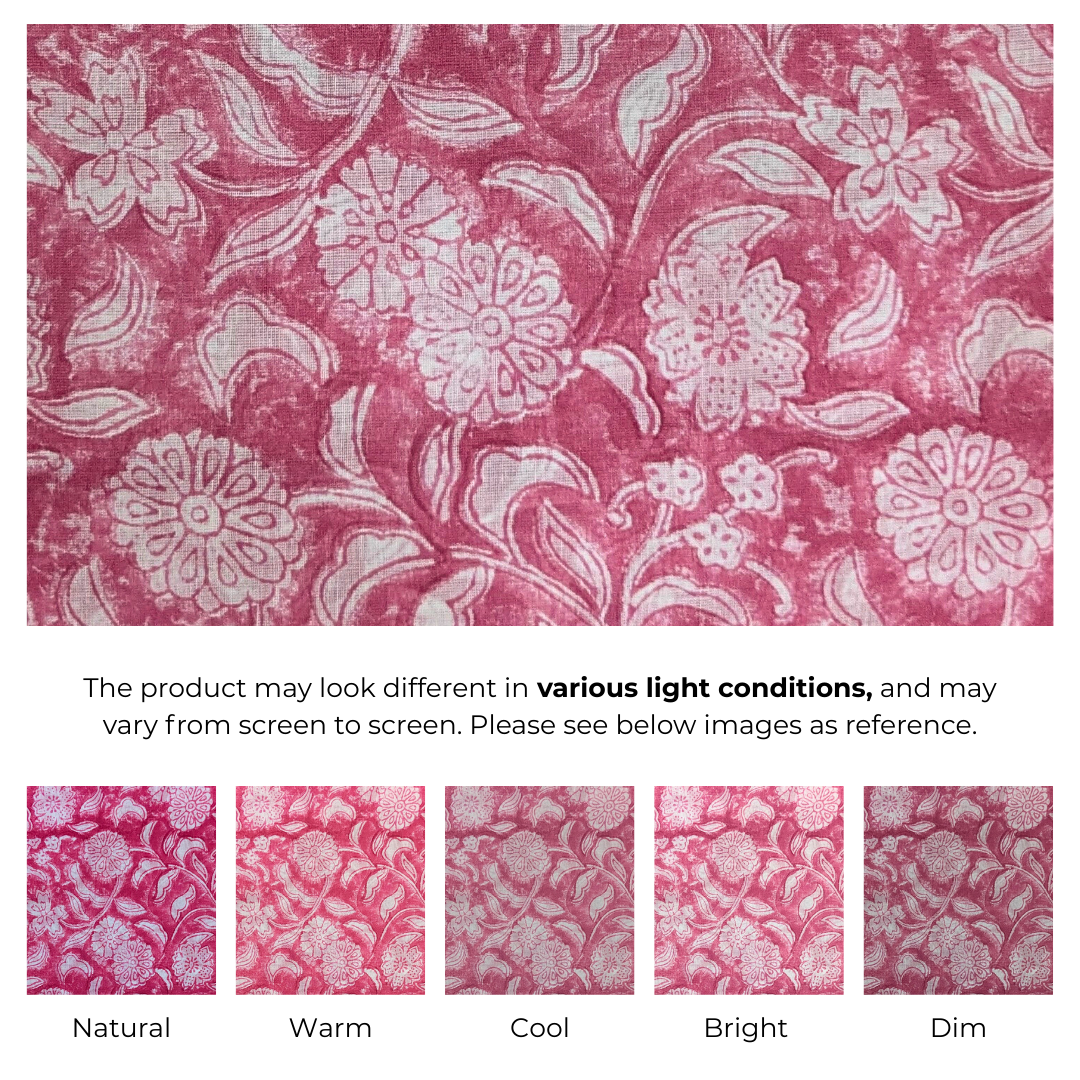 Single-Sided Block Printed Mal Cotton Fabric in Pink Floral Pattern
