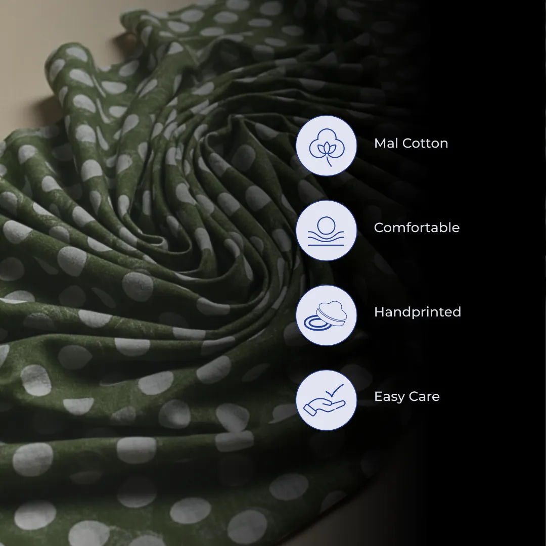 Single-Sided Hand Block Printed Mal Cotton Fabric – Green Geometric | Sold Per Meter