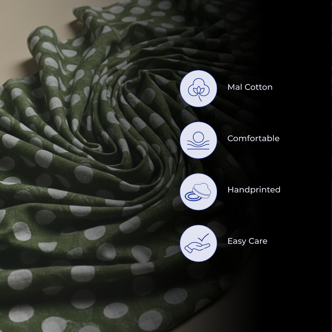 Single-Sided Block Printed Mal Cotton Fabric in Green Geometric Pattern