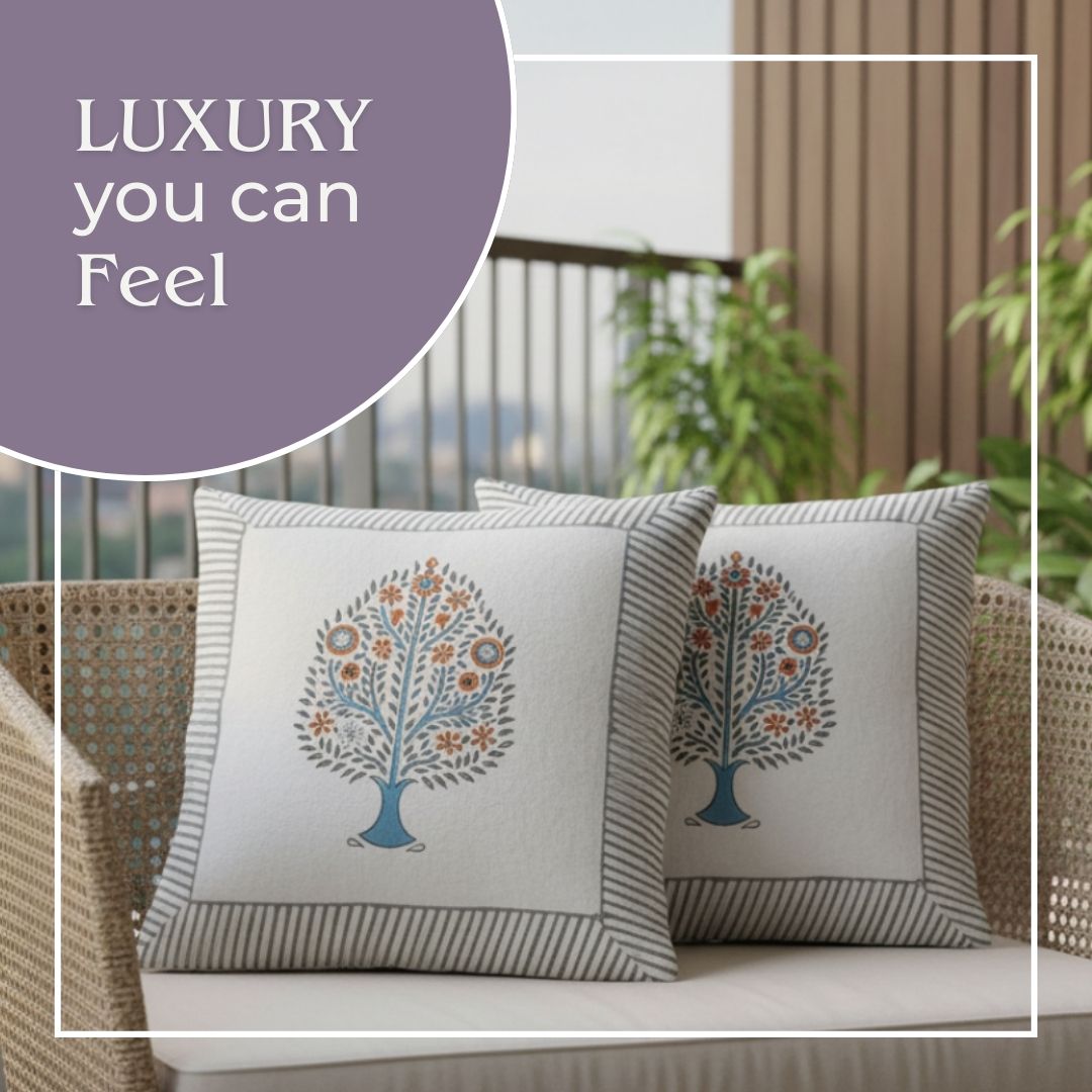 South Cotton Block Printed Cushion Covers with Central Floral Motif (Set of 2)