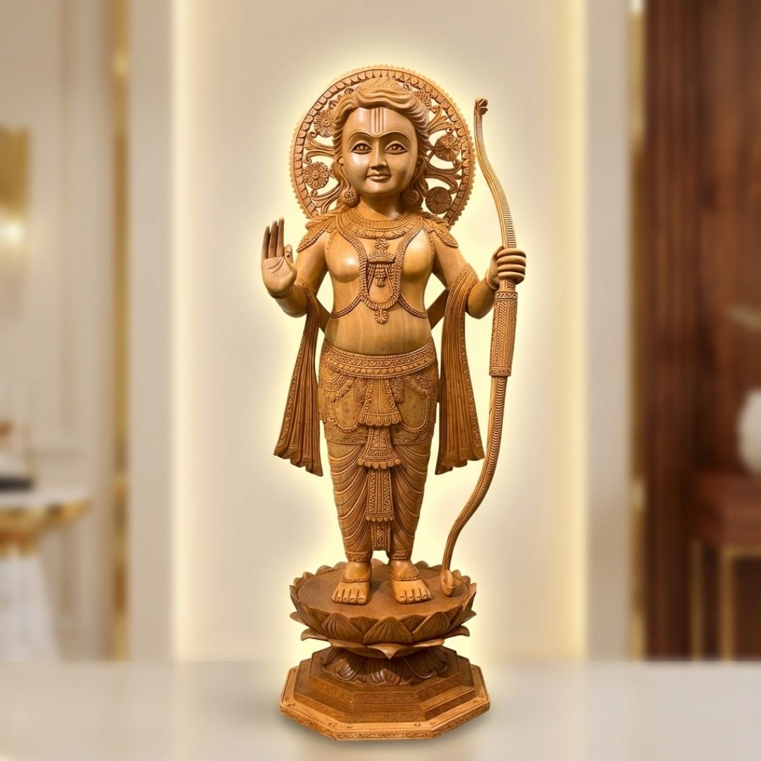 Hand-Carved Lord Rama Statue with Premium Detailing in Natural Wood
