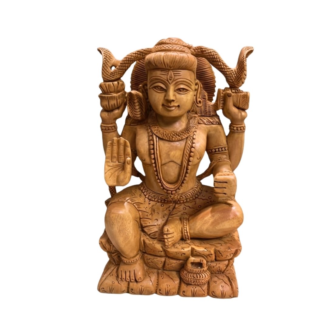 Handcrafted Lord Shiva Sculpture Sitting with Snake and Damru in Fine Wood Carving