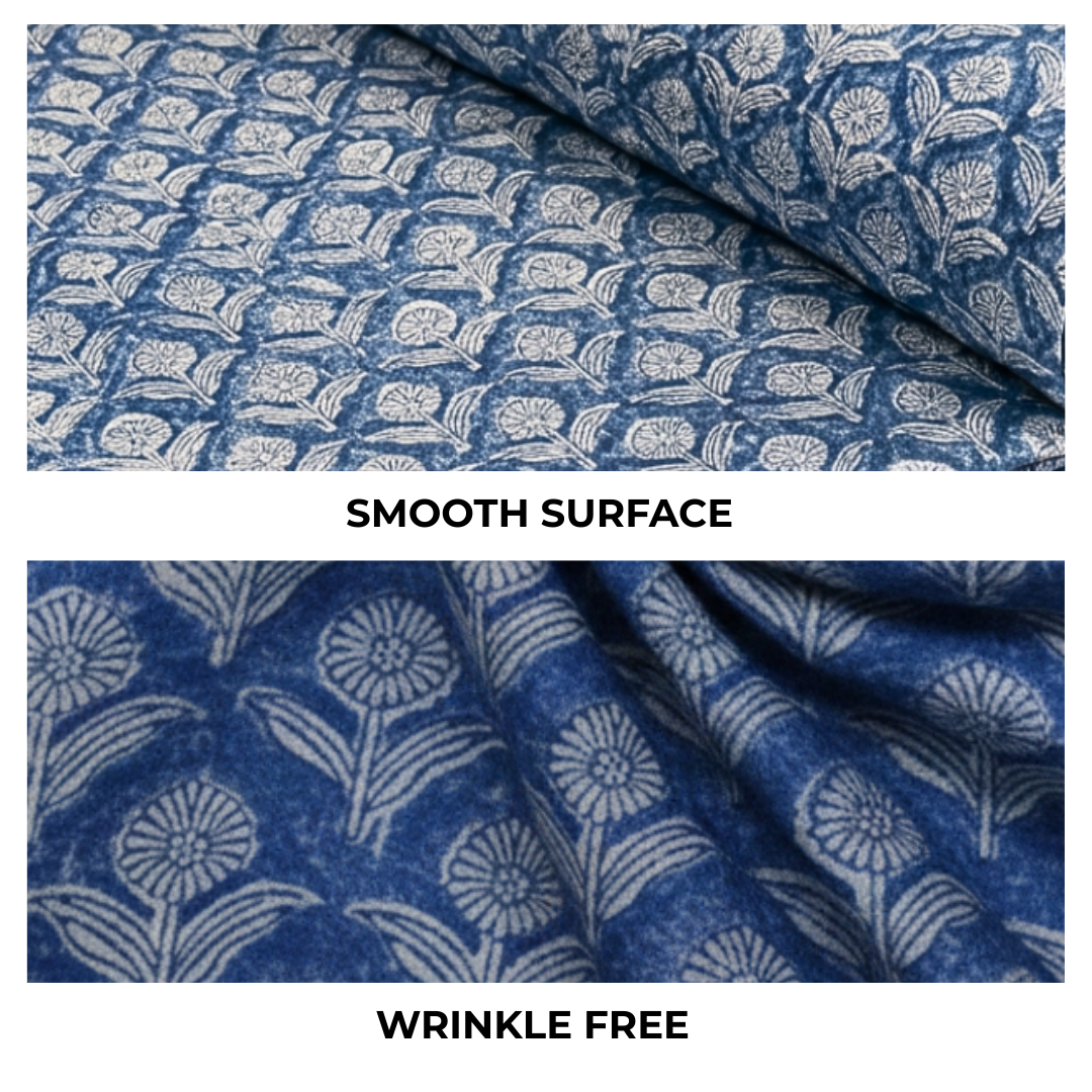 Single-Sided Block Printed Mal Cotton Fabric in Blue Lattice Floral Pattern