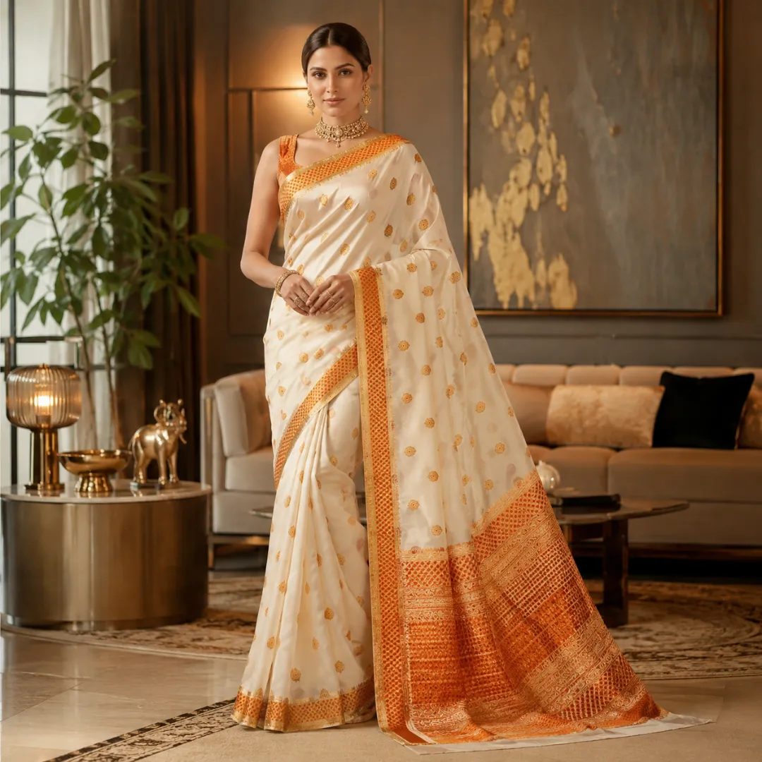Graceful Ivory Assam Silk Saree with Vermilion Red & Gold Handwork Border with Blouse Piece