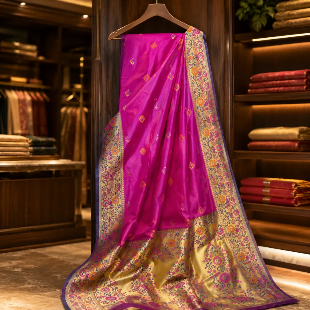 Handcrafted Fuchsia Pink Khadi Paithani Silk Saree 