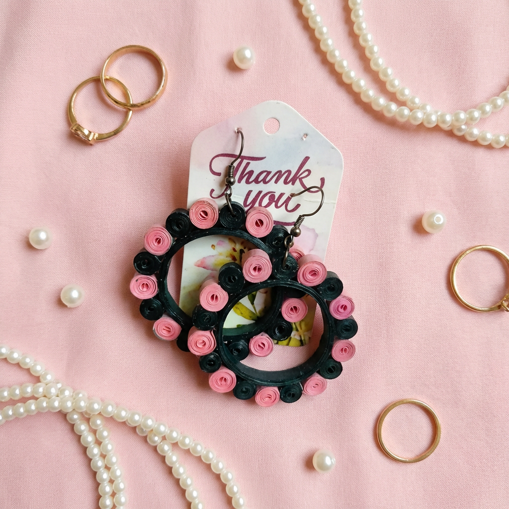   “Midnight Bloom Hoops” – Handmade Paper Quilling Earrings