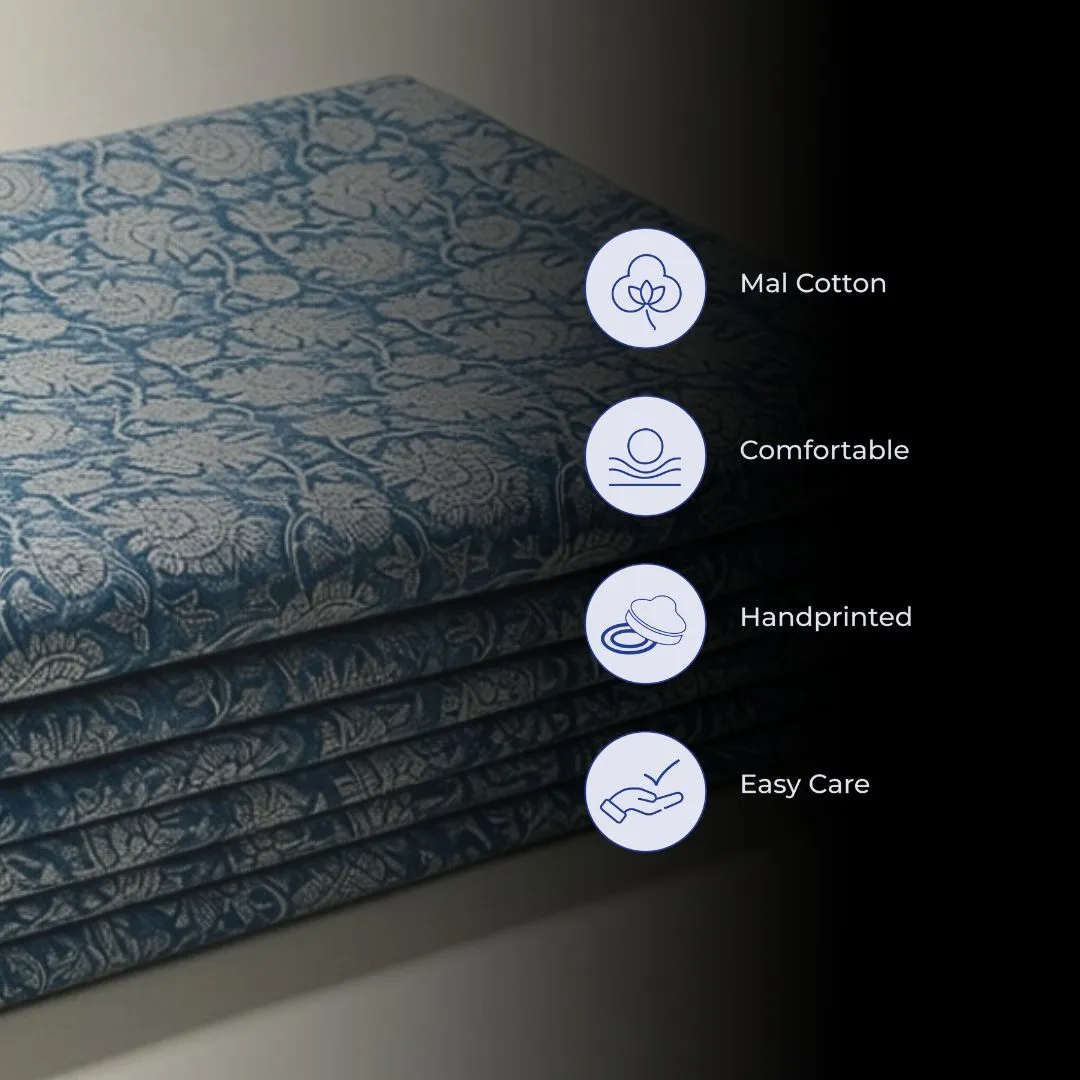 Single-Sided Hand Block Printed Mal Cotton Fabric – Blue Floral Motif | Sold Per Meter