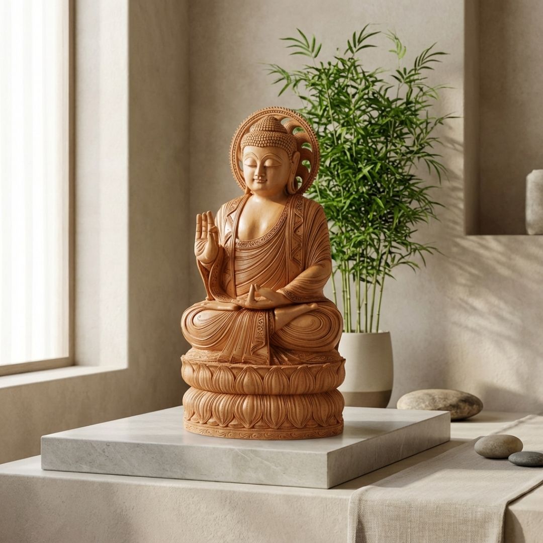 Handcrafted Sandalwood Buddha Idol in Meditation Pose on Double Lotus Base