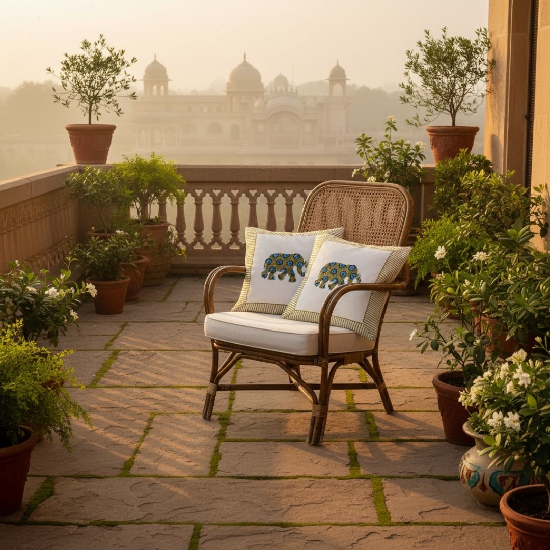 Block Printed South Cotton Cushion Cover with Central Floral Motif