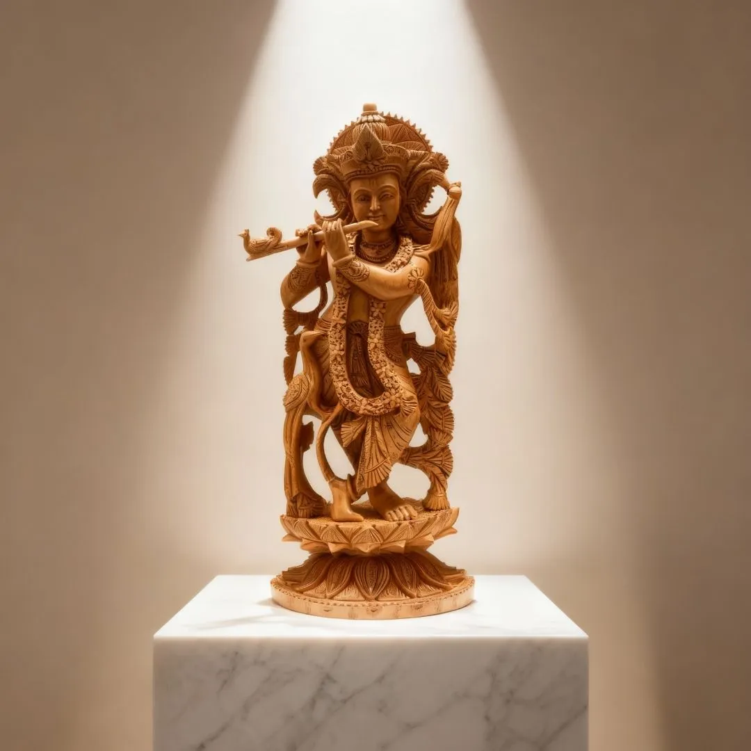 Handcrafted Wooden Lord Krishna Idol Standing with Flute in Nature-Inspired Carving