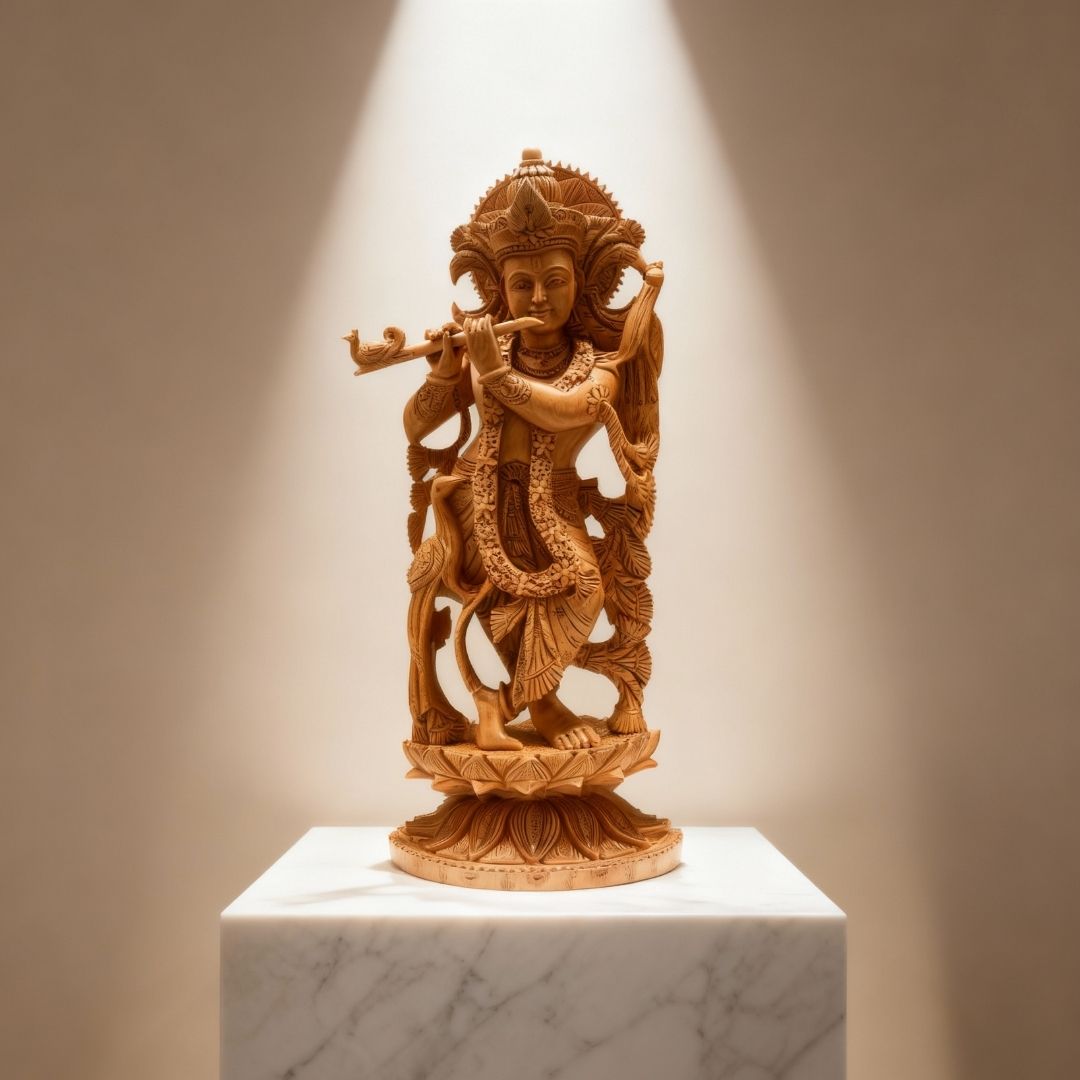 Handcrafted Wooden Lord Krishna Idol Standing with Flute in Nature-Inspired Carving