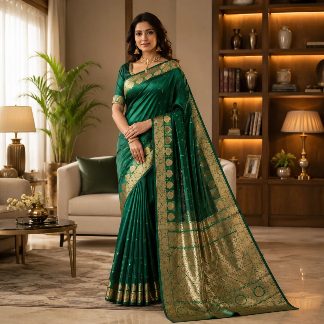Emerald Green Monipuri Resham Silk Saree – Handcrafted Elegance with Silk Mark 
