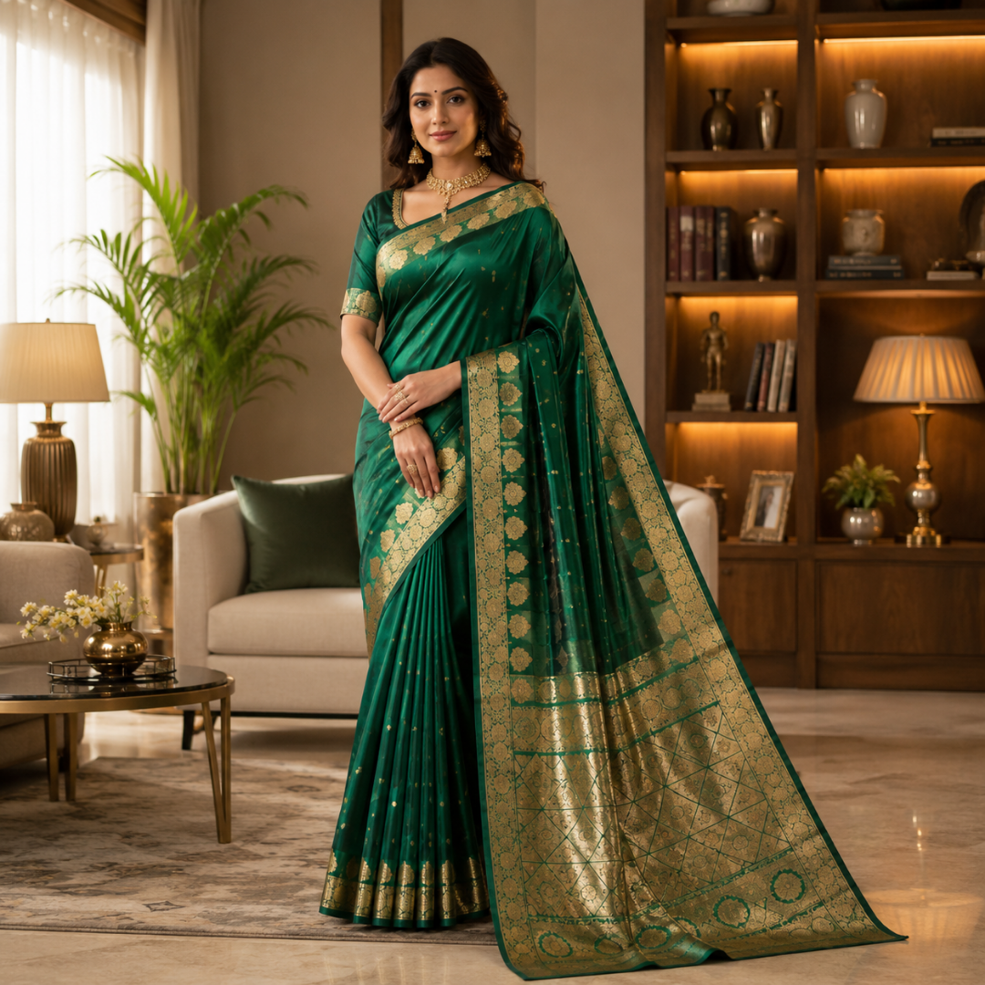 Emerald Green Monipuri Resham Silk Saree – Handcrafted Elegance with Silk Mark 