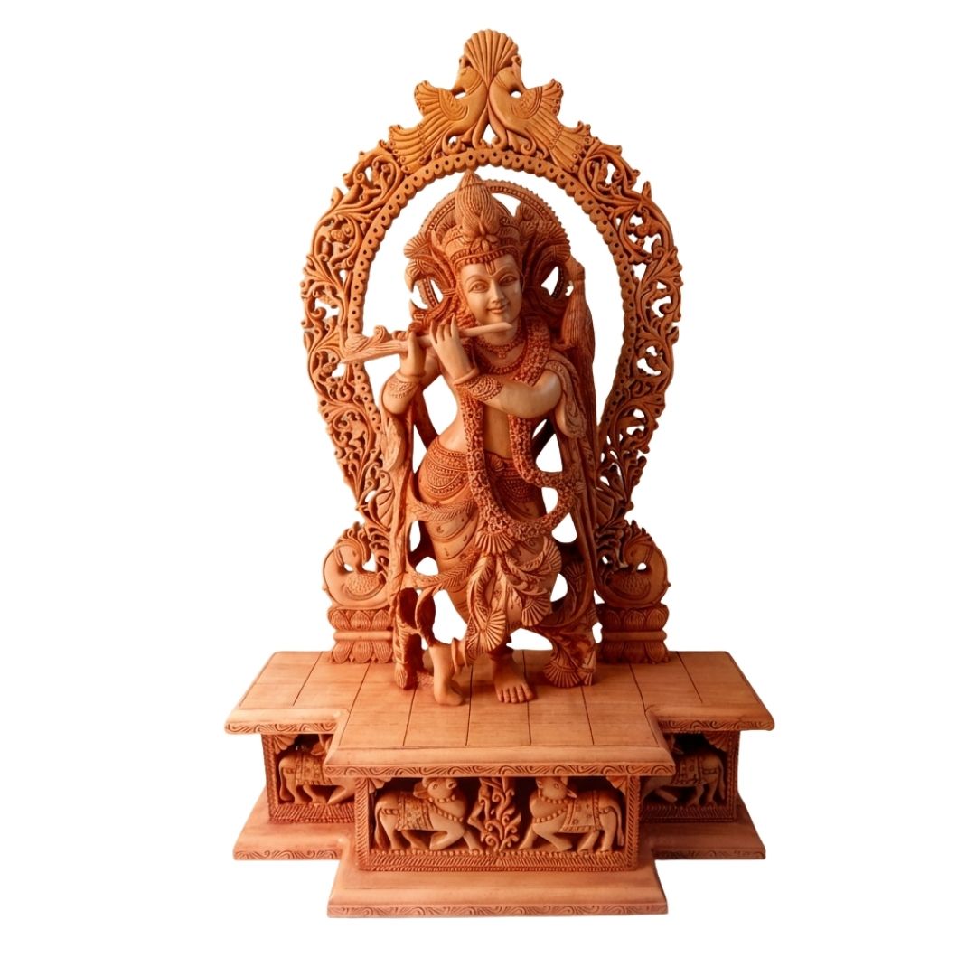 Lord Krishna Standing with Flute on Lotus Base and Peacock Arch Sculpture