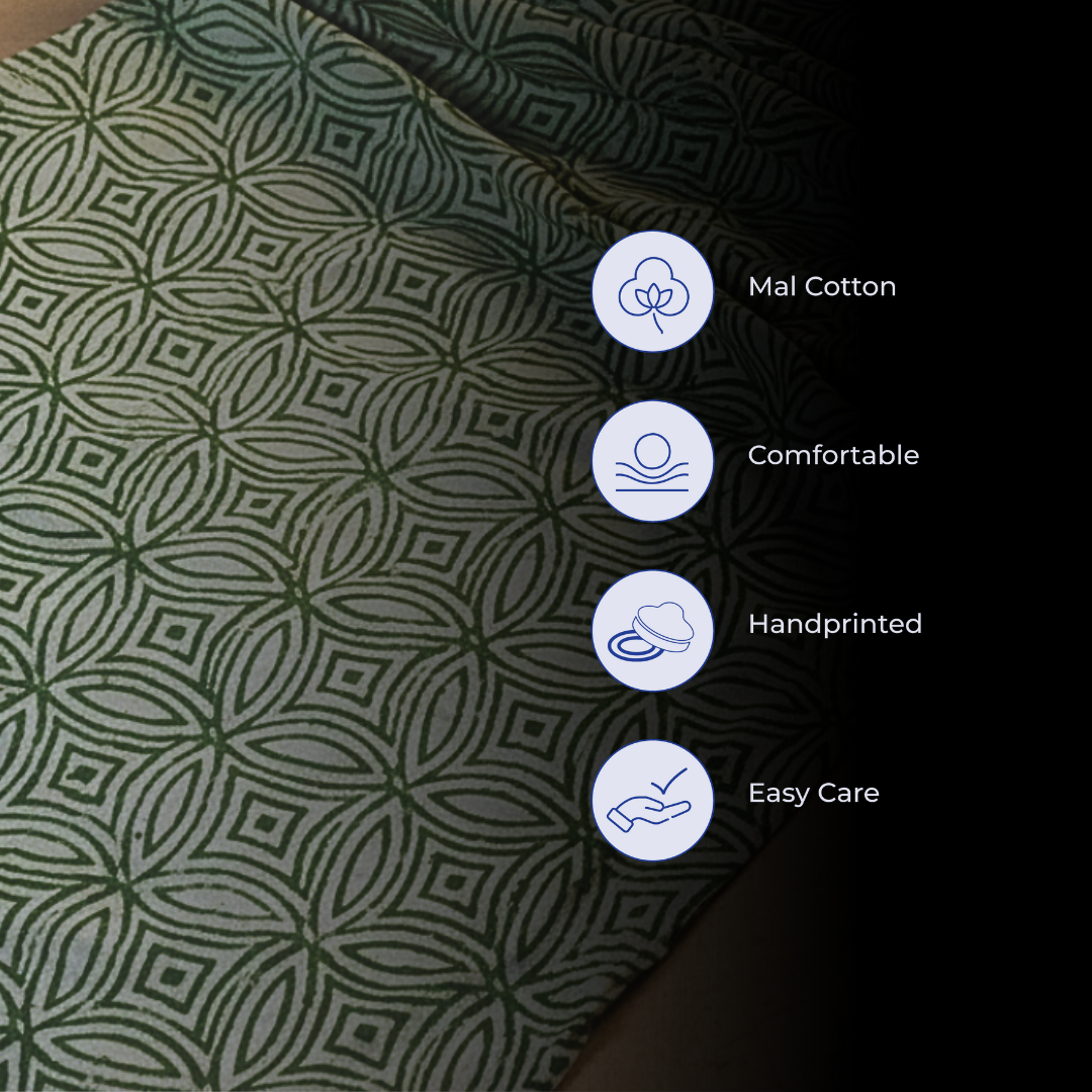 Single-Sided Block Printed Mal Cotton Fabric in Soft Grey Floral Pattern