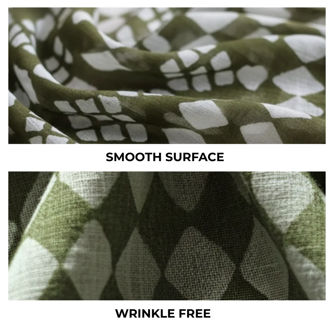 Single-Sided Hand Block Printed Mal Cotton Fabric – Green Geometric | Sold Per Meter