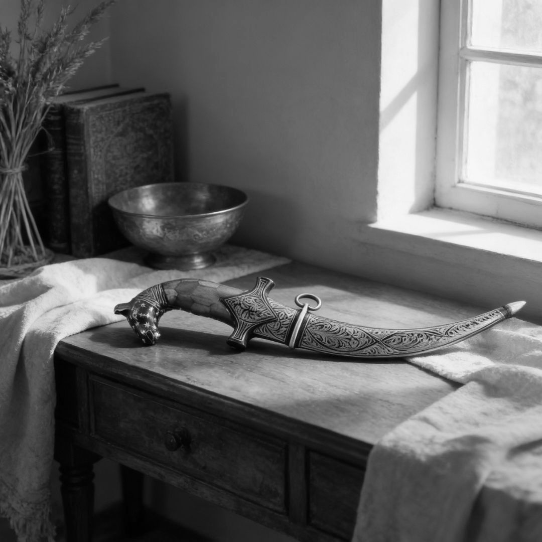 Curved Bone Handle Koftgari Dagger with Handcrafted Metal Inlay Detailing