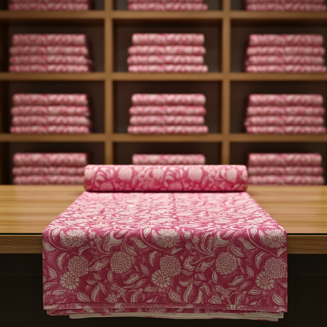 Single-Sided Block Printed Mal Cotton Fabric in Pink Floral Pattern