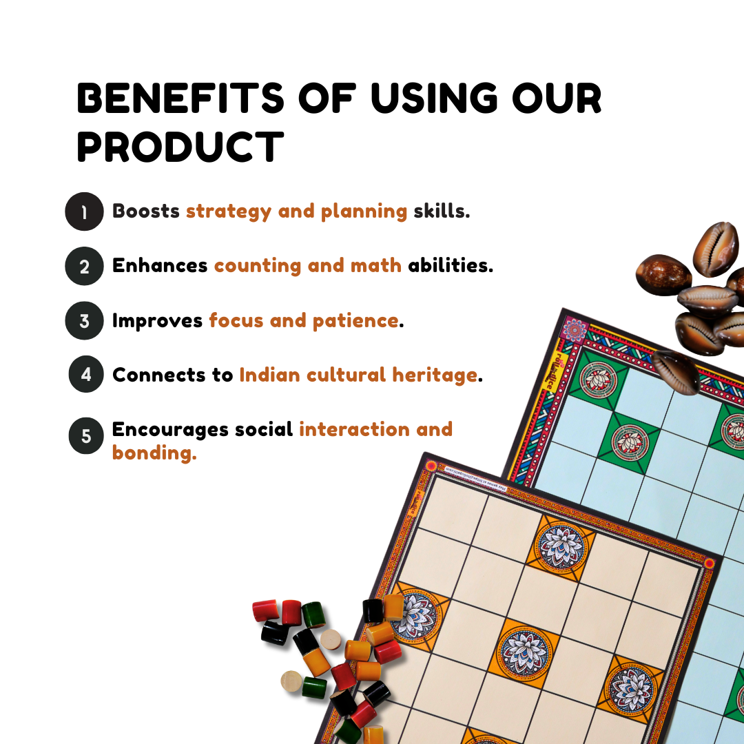 Chowka Bara 5 & 7 House Board Game Combo Set | Cotton Canvas Mat & Wooden Pawns | Ashta Chamma (Telugu), Daayam (Tamil) | Includes How to Play Instructions