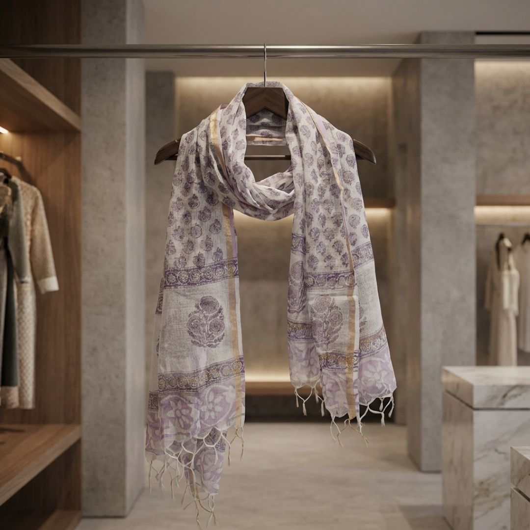 Hand Block Printed Kota Doriya Dupatta in Soft Grey Blue Motif 