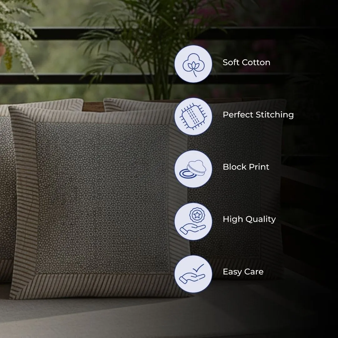 Block Printed Cotton Cushion Covers with Minimal Border Design (Set of 2)