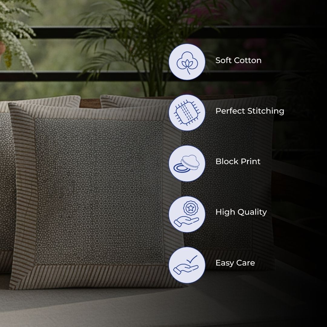 Block Printed Cotton Cushion Covers with Minimal Border Design (Set of 2)