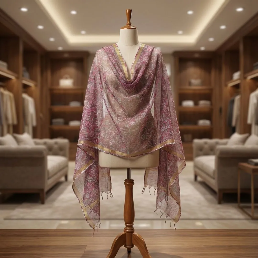 Hand Block Printed Kota Doriya Dupatta in Earthy Floral Pattern