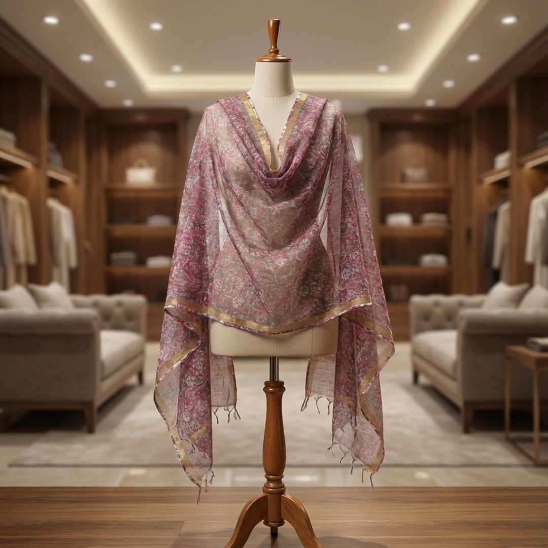 Hand Block Printed Kota Doriya Dupatta in Earthy Floral Pattern