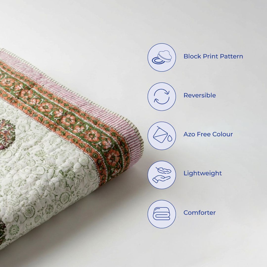 Double Double-Sided Block Printed Cotton Comforter with Tree and Border Motifs