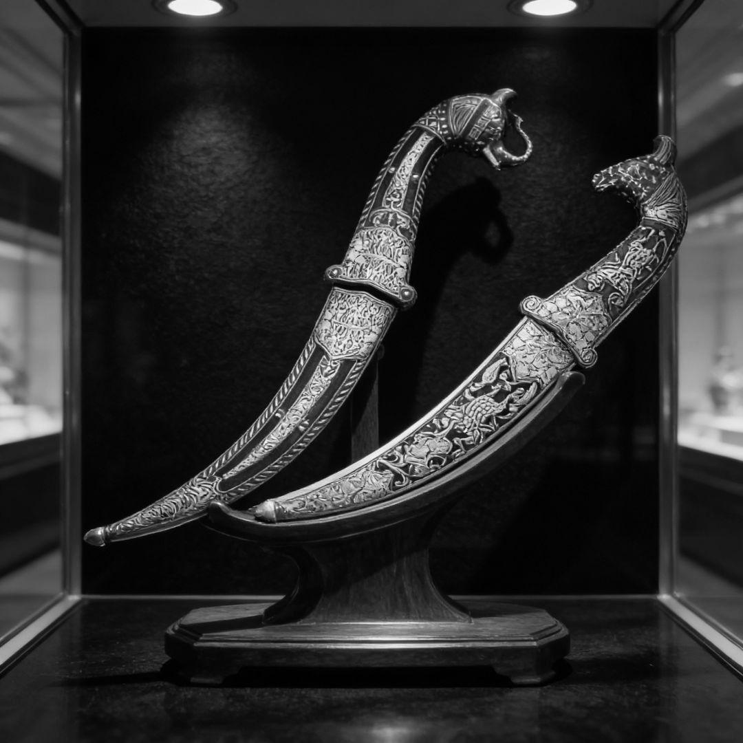 Handcrafted Calligraphy Koftgari Dagger Pair Decorative Art
